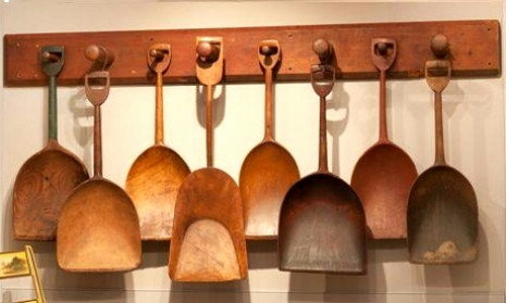 Large Shaker Peg Rail with a Collection of 8 Carved Wood Grain Shovels (SOLD)